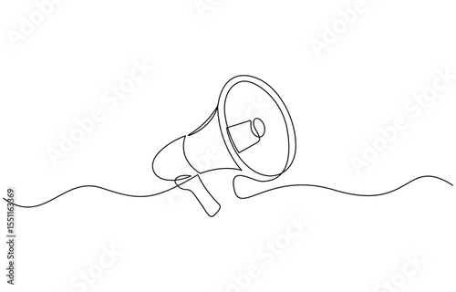 Continuous one line drawing of horn speaker signs and symbol for announcement, Vector illustration, Loudspeaker one line continuous. Line art megaphone. Hand drawn pro.