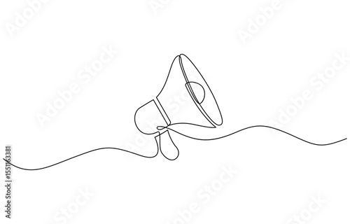 Continuous one line drawing of horn speaker signs and symbol for announcement, Vector illustration, Loudspeaker one line continuous. Line art megaphone. Hand drawn pro.