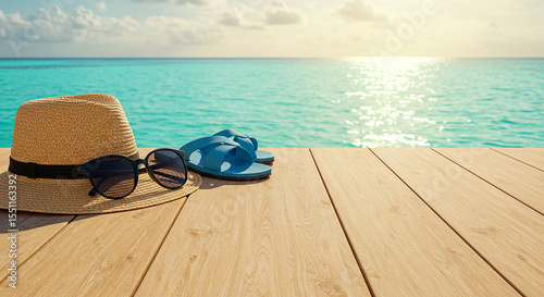 A hat, sunglasses, and flip flops arranged on a wooden table, evoking a relaxed summer vibe. ai generated