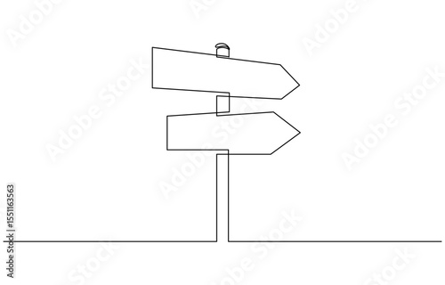 One Continuous line drawing of Road direction signpost arrows to the right and left, Single line drawing illustration of Road direction sign arrows. Concept for web banner. Doodle line illustration.