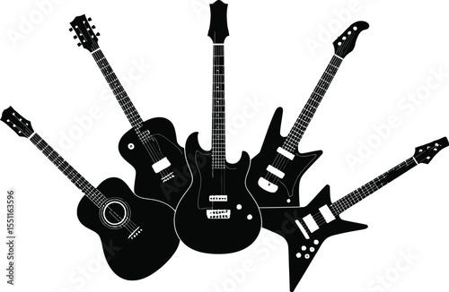 Fan arrangement of mixed acoustic and electric guitar silhouette vector illustration forming dynamic star shape for concert poster graphics