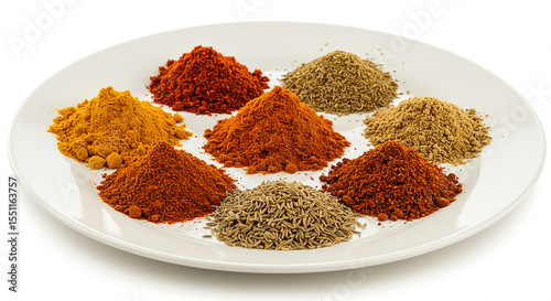 A plate displaying an assortment of colorful spices, including red chili, turmeric, and black pepper. ai generated