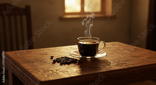 A steaming cup of coffee sits on a wooden table. ai generated