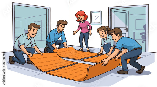 Team Installing Orange Textured Floor Tiles in Office