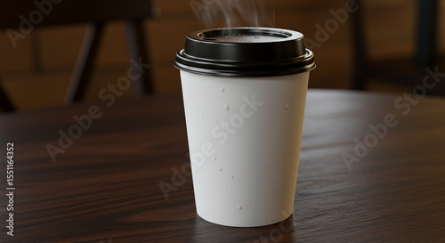 A white paper cup with a black lid is displayed on a plain background. ai generated