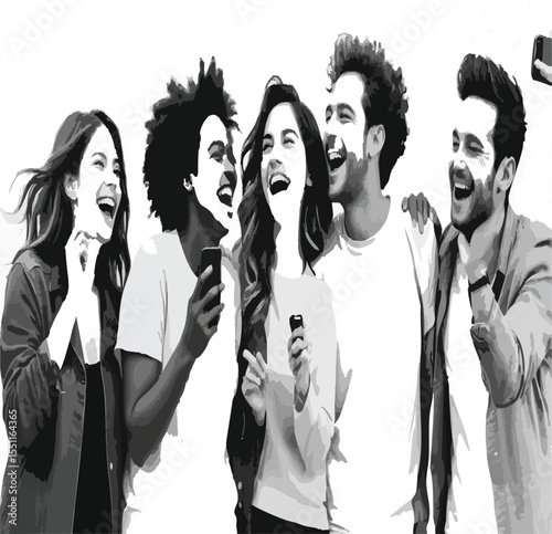 Diverse Group of Friends Laughing and Enjoying Social Media on Phones