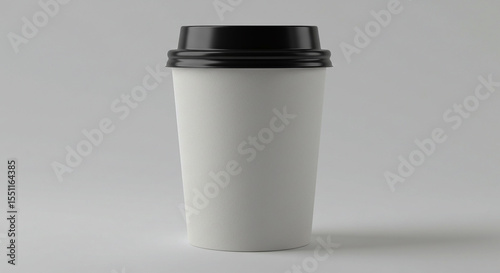 A white paper cup with a black lid is displayed on a plain background. ai generated