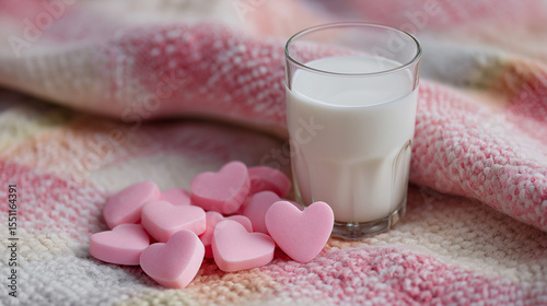 Romantic picnic with heart candies and a glass of milk