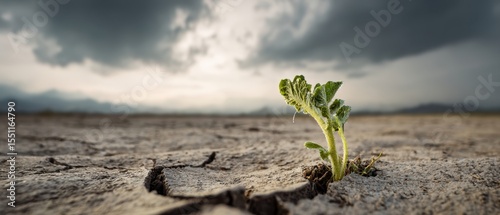 The resilient sprout emerging from cracked earth under stormy skies.