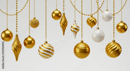 Realistic gold and white Christmas balls hanging on gold beads chains on white background. ai generated