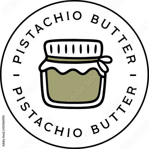 Pistachio butter jar paste cream packaging round circular frame logo badge sticker label tag. Retro vintage cottagecore organic nut flavor aesthetic cute minimal illustration text design clipart.