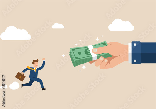 Businessman and businesswoman with briefcase and money bag, a concept of financial success