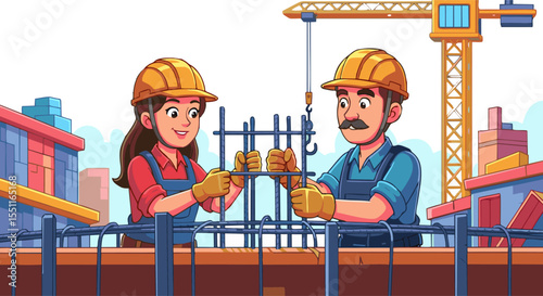 Two Construction Workers Assembling Reinforcing Steel on a Building Site