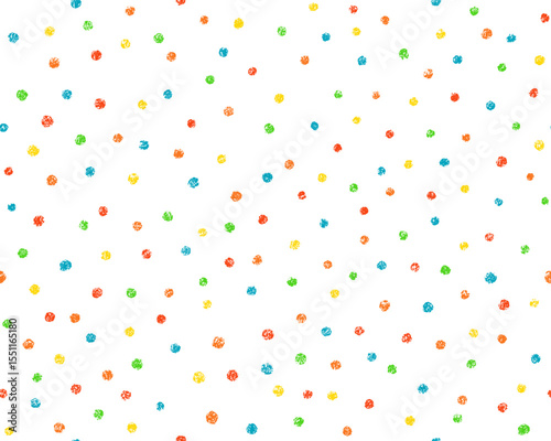 Crayon polka dot seamless pattern. Cute doodle donut confetti texture. Hand drawn chalk scribble round shape background. Baby kids seamless pattern. Vector illustration isolated on white background.