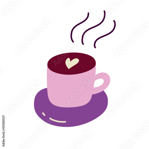 Flat cartoon vector illustration of coffee cup in doodle style. Hand drawn hot drink with steam for cafe menus, morning routine, food packaging, cozy lifestyle, coffee break and beverage themes