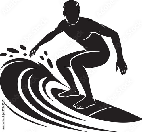 Black surfer silhouette on wave for ocean sports art, surfing vector designs, and beach illustrations