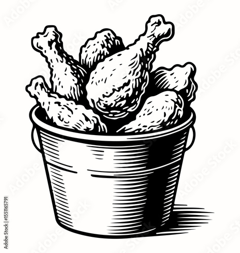 Fried Chicken vector engraving style illustration