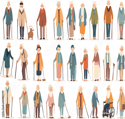  Diverse Elderly People with Walking Sticks and Daily Life Activities