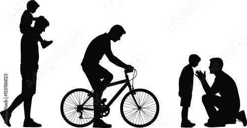Father and child silhouette vector set with bicycle and various parenting activities