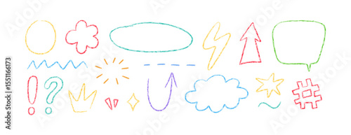 Crayon doodle element set. Hand drawn speech bubble, star, cloud. Color pencil underline, arrow, spark drawing. Kids chalk style question and exclamation mark. Vector illustration on white background.