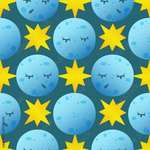 A repeating pattern of blue moons with closed eyes and yellow stars on a dark teal background. The design is playful and whimsical, suitable for various creative projects.
