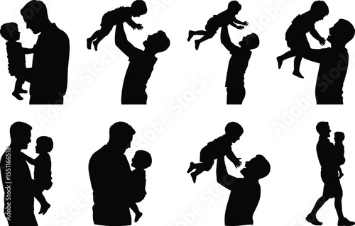 Father carrying child silhouette vector set depicting family bonding and parenting
