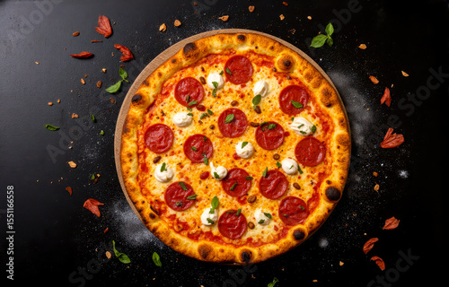 Delicious fresh pepperoni pizza with mozzarella cheese and basil, a top view of classic italian food on a black background