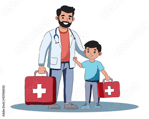 Friendly Male Doctor and Young Boy Holding Medical First Aid Boxes