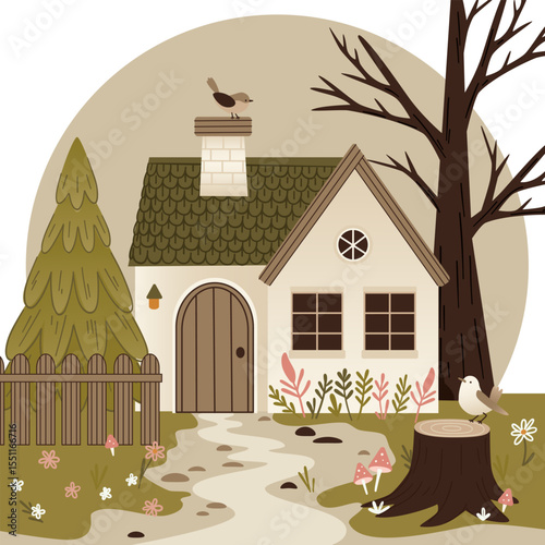 A cozy house surrounded by a tree, pine, stump and flowers. A path leads to the house, and birds sit on the roof and stump. There is a fence in front of the house and a tile roof. The scene is