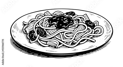 Noodles vector engraving style illustration