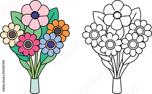 Colorful Flower Bouquet Illustration with Line Art Version Pastel Pink Orange Yellow Blue