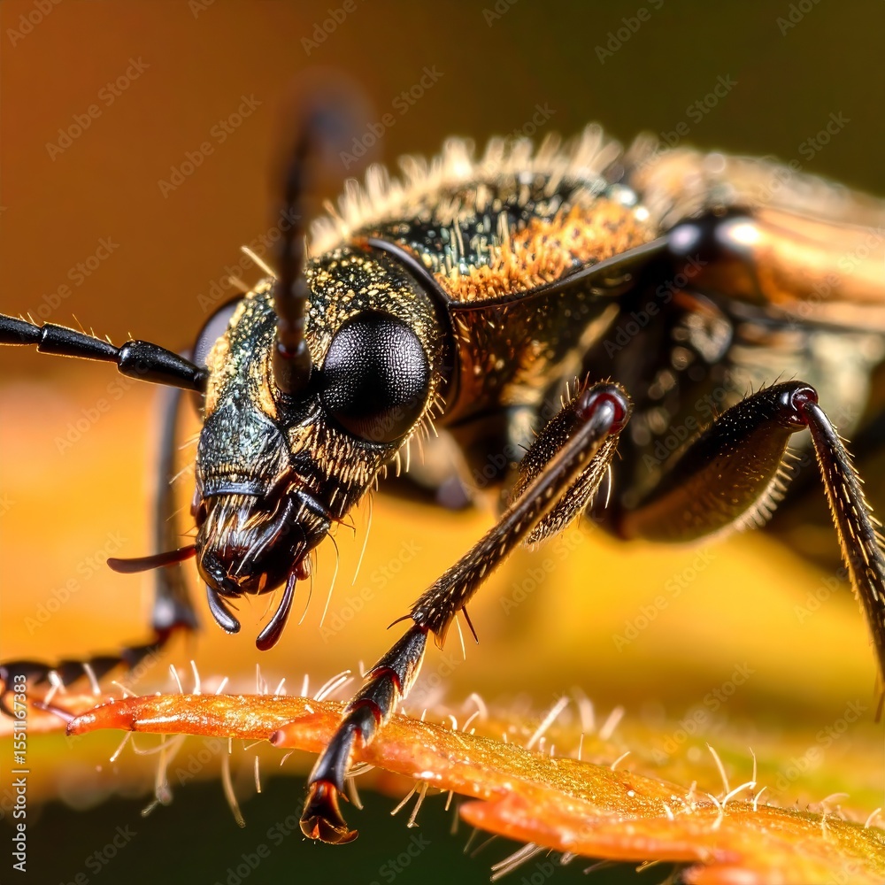 Fototapeta premium Close-up of a black and gold insect on a leaf in vibrant natural setting during daylight hours