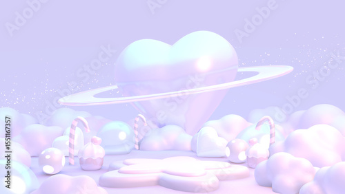3D render cartoon empty star-shaped podium and glossy heart planet in candy land.
