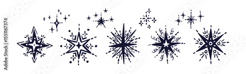 Stars doodle set, firework icon Twinkle Art magic