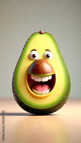 Happy cartoon avocado with a big smile on a wooden surface in bright lighting