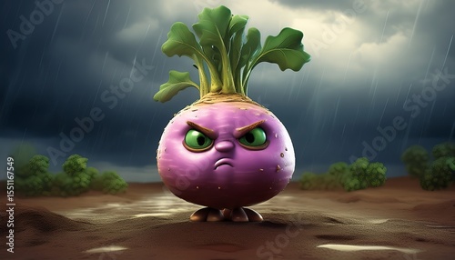 Angry vegetable stands alone in stormy weather portraying strength and defiance