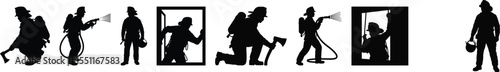 Firefighter silhouette vector icons set with hose spray, axe, kneeling pose and framed window rescue for emergency design needs