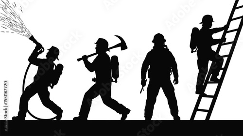 Dynamic firefighter silhouette vector collection featuring water jet, axe swing, standing guard and ladder climb for safety concepts