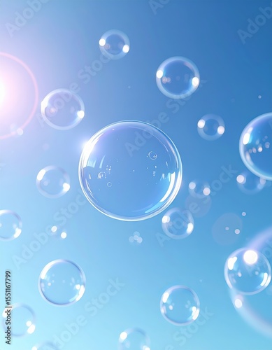 Floating bubbles reflecting sunlight in a clear blue sky during a sunny day