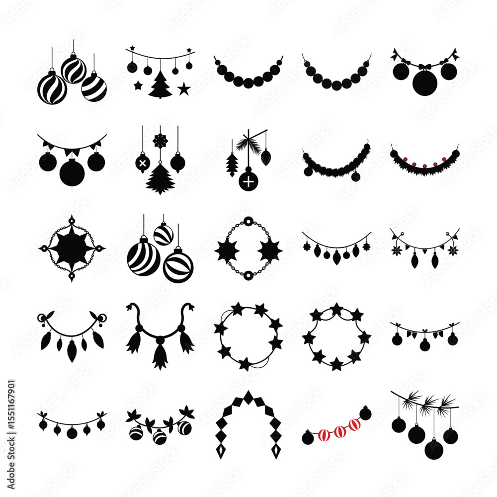 Obraz premium Elegant black and white vector floral elements for seamless pattern design with decorative plant and flower silhouettes