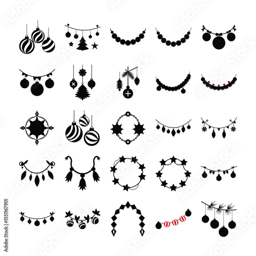 Elegant black and white vector floral elements for seamless pattern design with decorative plant and flower silhouettes