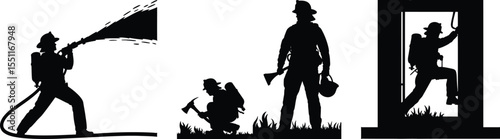 Triple-scene firefighter silhouette vector set with high-pressure hose, crouching axe work and window breach for rescue themes