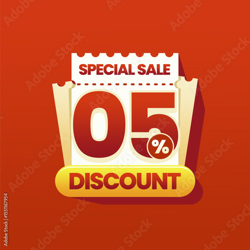 Modern and colorful discount banner with a perforated coupon ticket design on vibrant red gradient background. Ideal for ecommerce promotions, flash sales, online marketing ads, and seasonal shopping.