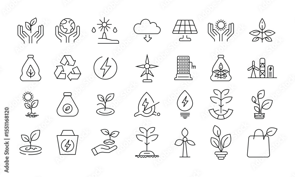 Fototapeta premium Green city icon set editable stroke line sustainable development. Contains icons such as green city, geothermal, solar power, industries electricity generating renewable energy.
