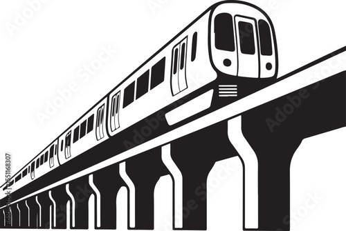 Black train on elevated track silhouette for urban art and vector designs
