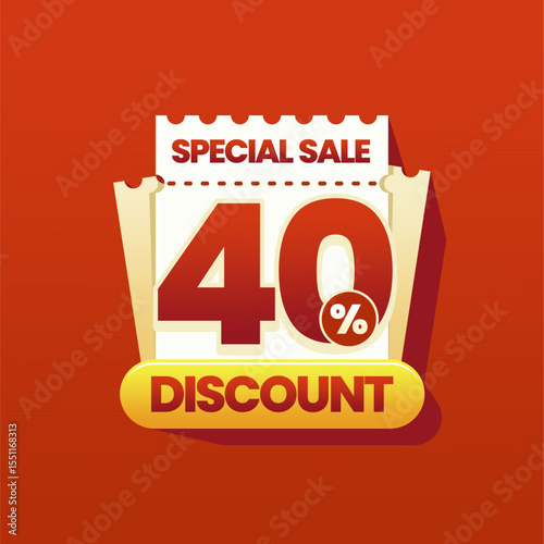 Modern and colorful discount banner with a perforated coupon ticket design on vibrant red gradient background. Ideal for ecommerce promotions, flash sales, online marketing ads, and seasonal shopping.