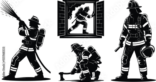 Detailed firefighter silhouette vector trio with reflective gear spraying water, breaching window and ready stance for safety art