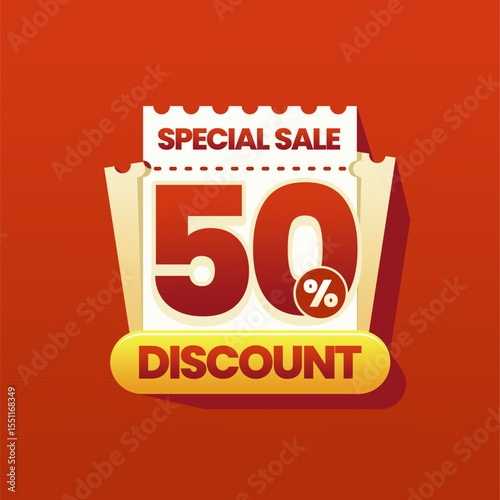 Modern and colorful discount banner with a perforated coupon ticket design on vibrant red gradient background. Ideal for ecommerce promotions, flash sales, online marketing ads, and seasonal shopping.