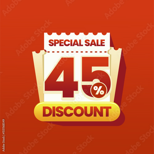 Modern and colorful discount banner with a perforated coupon ticket design on vibrant red gradient background. Ideal for ecommerce promotions, flash sales, online marketing ads, and seasonal shopping.