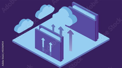 File upload scene with glowing folders and cloud i